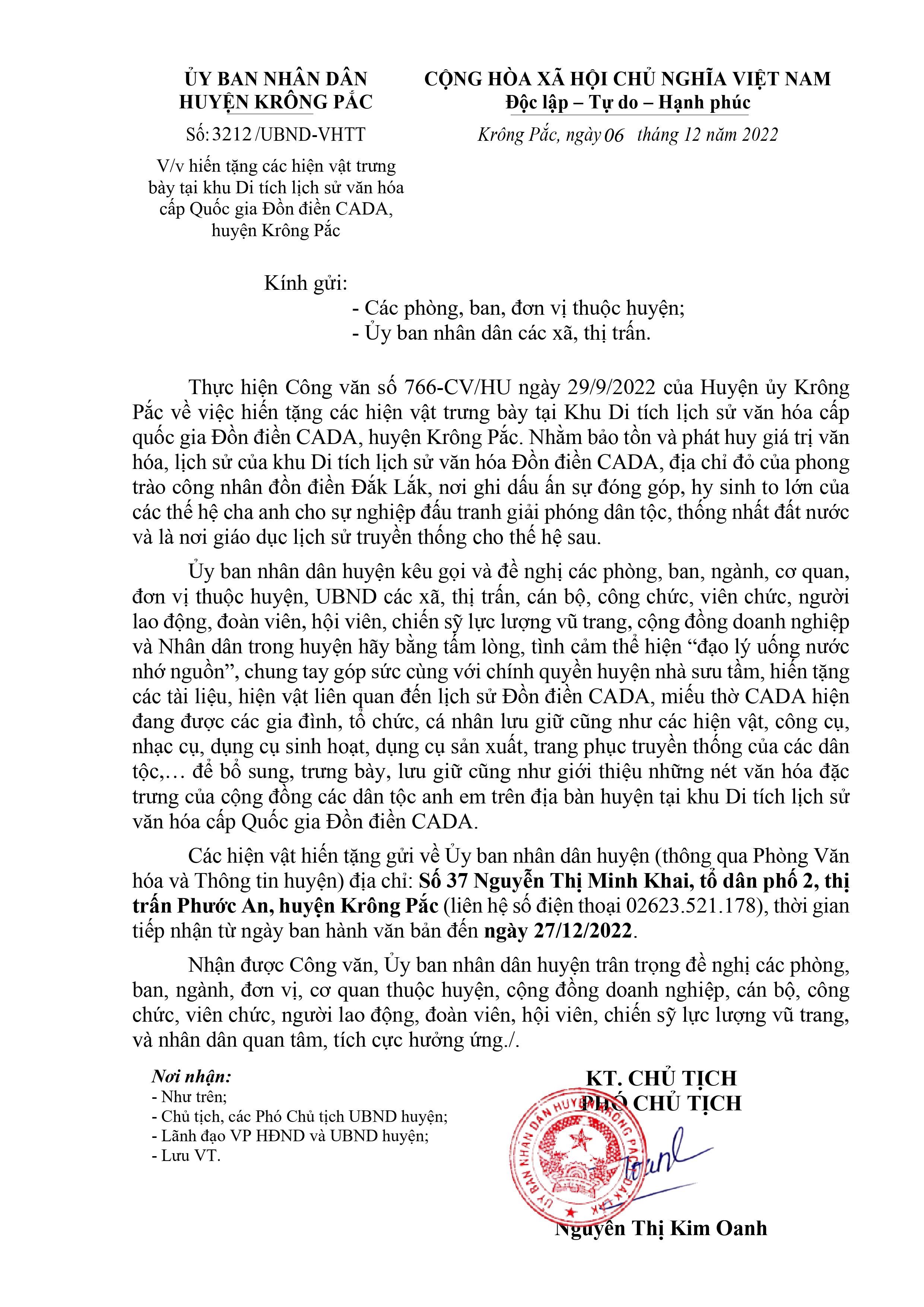 Công văn số 3212/UBND- VHTT ngày 06/12/2022 của UBND huyện Krông Pắc về việc hiến tặng các hiện vật trưng bày tại Khu Di tích lịch sử văn hóa cấp quốc gia Đồn điền CADA, huyện Krông Pắc